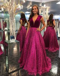 2020 Glitter Tulle Burgundy Velvet Prom Pageant Dresses Plunging V-neck Empire Waist Dresses Evening Wear Cocktail Party Vestidos De Festia