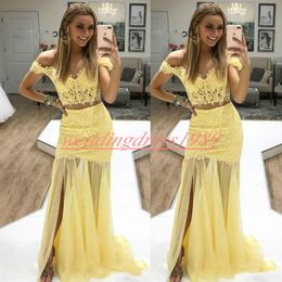 Modest Yellow Split Lace Mermaid Prom Dresses Two Pieces Evening Gowns Guest Wear Black Girl African Plus Size Formal Party Robe De Soiree