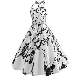 Floral Print Robe Vintage Kleid Frauen Halter Swing Pin Up Kleid Hepburn 1950er Jahre 60er Jahre Retro Rockabilly Party Sommer Kleider Vestidos