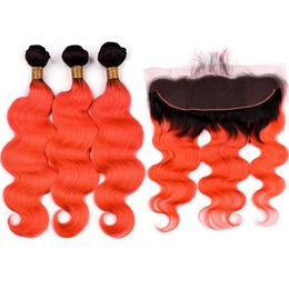 Orange Ombre Dark Roots Indian Hair Bundles with Frontal #1B/Orange Ombre Body Wave Human Hair Weave Wefts with Lace Frontal Closure 13x4