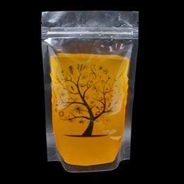 Wholesale Price 12*20cm Clear Stand Up Zipper Lock Package Bag for Beverage Milk Juice Storage 400ml Capacity Drink Bags Life Tree Printed