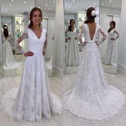 Attractive White Lace Long Sleeves Wedding Dresses V Neck Backless Bridal Gowns A Line Sweep Train robe de mariée