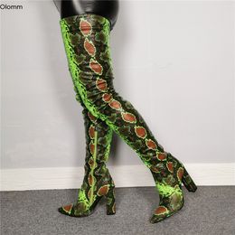 Ronitc New Fashion Women Thigh High Boots Square High Heels Boots Pointed Toe Gorgeous Green Brown Party Shoes Women US Size 5-15