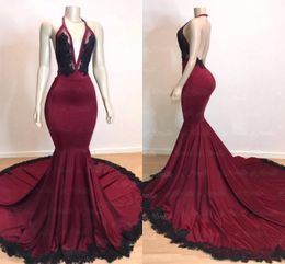 Sexy Burgundy with Black Prom Dresses Deep V Neck Backless Lace Applique Evening Dresses Sweep Train Mermaid Party Gowns