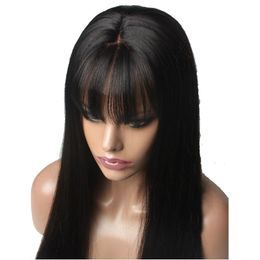 Straight Lace Front Wig Peruvian Virgin Hair Full Fringe Wig Human Hair Glueless Full Lace Wig With Bangs Bleached Knots For Black Women
