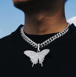 2019 Iced Out Tier Großer Schmetterling Anhänger Halskette Silber Blau plattiert Herren Hip Hop Bling Schmuck Geschenk Großhandel