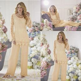 Amarelo nova mãe de vestidos de noiva Ternos de calça de joia Lace com mangas compridas chiffon plus size coluna barata vestidos de convidado de casamento