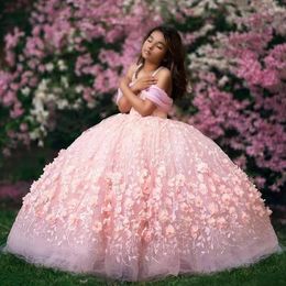 Fall Pink Ball Gown Flower Girls Dresses for Wedding Off Shoulder Lace Girls Pageant Dress Kids Formal Wear First Communion Gowns