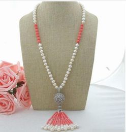 Beautiful white freshwater cultured pearl pink coral micro sphere inlay zircon accessories tassel pendant sweater necklace7-8mm long 66 cm