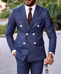 Fashion Blue Stripe Mens Wedding Tuxedos Double-Breasted Groomsmen Tuxedos Popular Man Blazers Jacket Excellent Suit(Jacket+Pants+Tie) 1585