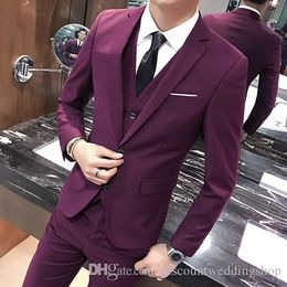 Slim Fits Burgundy Man Work Suit Notch Lapel MenS Wedding Prom Dress Blazer Party Suits Groom Tuxedos (Jacket+Pants+Vest+Tie) J690