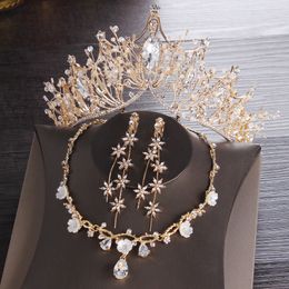Gold Bridal crowns Tiaras Hair Headpiece Necklace Earrings Accessories Wedding Jewelry Sets cheap price fashion style bride 3 Pieces