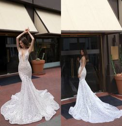 Julie Vino Mermaid Wedding Dresses Deep V Neck Lace Applique Sequins Sexy Backless Wedding Dress Sweep Train Bridal Gowns Vestidos De Novia