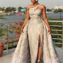 African Plus Size Prom Dresses One Shoulder 3D Appliques Lace Overskirts Bridal Dress Sexy Front Split Feathers Beads Mermaid Evening Gowns