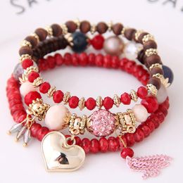 6 Colours Multilayer Bohemian Bracelet for Women Girls Crystal Beaded Strand Bracelets Heart Bangle Charm Stretch Beach Boho Jewellery