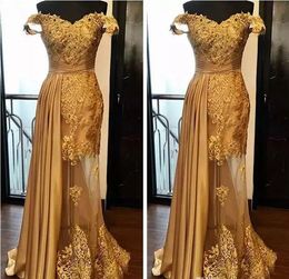 Middle East 2018 Off Shoulder Magnificent Mermaid Prom Dresses Party Evening Gowns Gold Tulle Lace Beaded Custom Dubai Vestidos De Fiesta