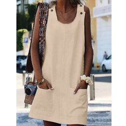 Fashion-Casual mini dress for Women Fashion Button Prue Color Summer Off Shoulder Sleeveless Dress