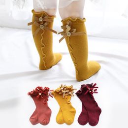 New Kids Bow-knot Socks Toddlers Girls Big Bow Knitted Knee High Long Soft Cotton Lace socks baby ruffle Socks 0-8Y Free Shipping