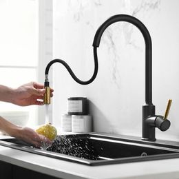 Knurling Pull Out Kitchen Faucet Matt Black With Brushed Gold Mixer Cold Hot Deck Mounted Kitchen Sink Water Tap Brass Faucet