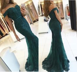 New Sexy Royal Blue Hunter Mermaid Evening Dresses Off Shoulder Lace Appliques Beaded Plus Size Long Prom Dress Party Pageant Formal Gowns