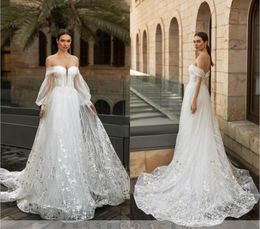 long sleeve beach wedding dresses off shoulder lace appliques bridal gowns a line backless sweep train wedding dress robes de marie