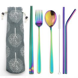 6pcs/set Reusable Rainbow 304 Stainless Steel Metal Straw Portable Fork Chopsticks Tableware Set for Travel Outdoor Dinnerware with Bag