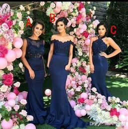 Dark New Mismatched Blue Beach Mermaid Bridesmaid Dresses Off-Shoulder Illusion Sleeveless Beaded Collar Satin Sweeptrain Gown Custom Made