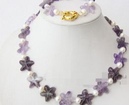jewelry Miss charm Jew.424 beautiful white pearls Amethyst pentagon stone necklace bracelet Set