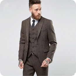 Herringbone Groom Tuxedos Brown Groomsman Wedding 3 Piece Suit Fashion Men Business Prom Party Jacket Blazer(Jacket+Pants+Tie+Vest) 2282