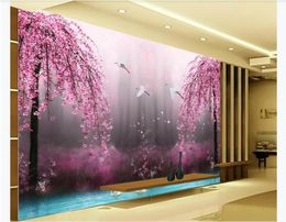 Customised 3d silk photo murals wallpaper HD Dream Wonderland Peach Blossom Crane 3D TV Background Wall Painting