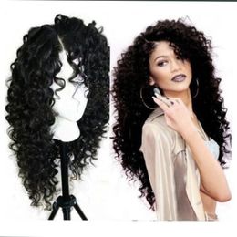 Fashion Natural Black Long Kinky Curly Full Hair Cheap Synthetic Lace Front Wigs Baby Hair Heat Resistant Fibre Soft Lace Wigs Black Women