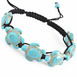 Trendy Men's Tortoise Bracelet Adjustable Green Howlite Turtle Charm Braided Bracelet Beads Natural Stone Beach Jewelry