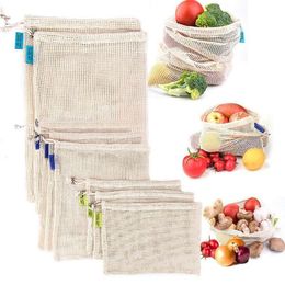 3pcs/set Reusable Mesh Produce Bags Organic Cotton Vegetable Fruit Shopping Bags Home Kitchen Grocery Storage Bag Drawstring Bag LX1749