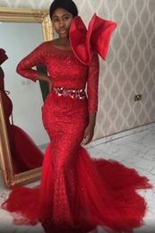 Arabic Aso Ebi Red Lace Beaded Evening Dresses Long Sleeves Sheer Neck Prom Dresses Mermaid Reception Party Wear