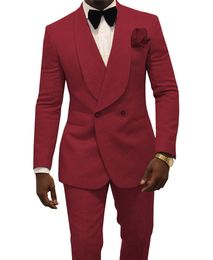 Newest Double-Breasted Burgundy Paisley Groom Tuxedos Shawl Lapel Men Suits 2 pieces Wedding/Prom/Dinner Blazer (Jacket+Pants+Tie) W755