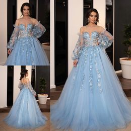 Light Sky Blue Beaded Prom Dresses Off The Shoulder Long Sleeves Formal Dress Floor Length Tulle Plus Size Appliqued Evening Gowns