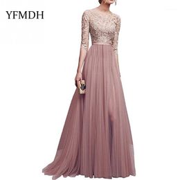 2018 New Elegant Full Sleeve Chiffon Lace Stitching Floor-length Women Party Prom Evening Red Long Dress Female Clothing Clothes1