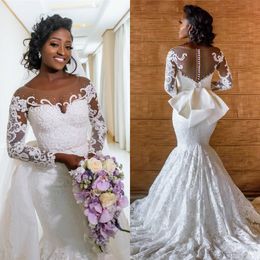 Vintage African Mermaid Wedding Dresses with Detachable Train Long Sleeves Buttons Back Beach Wedding Gowns Lace Sequined vestido de novia