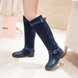 Hot Sale-Winter Low Heels Women Shoes Faux Leather Knee High Long Boots Buckle Strap Vintage Riding Boots Plus Size Zapatos De Mujer