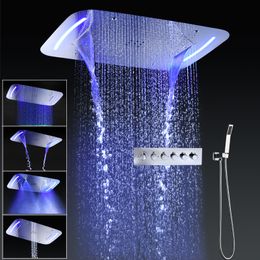 chrome settings UK - Bathroom Large Rainfall Waterfall Shower Set 304 Stainless Steel Ceiling LED ShowerHead Panel Thermostatic Mixer Valve Faucets