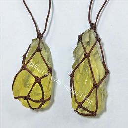 10Pcs Natural Brazilian Yellow Crystals Boho Necklace Macrame Wrapped 25-30mm Raw Irregular Citrine Stone Pendant Necklace Adjustable Length
