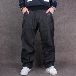 Wholesale- New Fashion Embroidery Skateboarder Jeans Mens Baggy Jeans Mens Hip Hop Wide Leg Denim Pants Men Plus Size 42 44