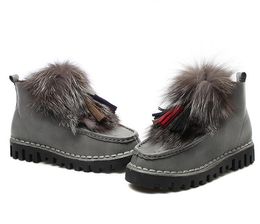 Hot Sale-Women's Natural Real Fox Fur Snow Boots Low Genuine Leather Short Ankle Boots Fur Boot Female Plush Flat Heel Winter Shoes