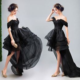 2021 New Gothic Black High Low Wedding Dresses Gowns Off the Shoulder Lace Organza Informal Non White Bridal With Colour Cheap