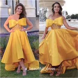 Sweeetheart Big Bow Evening Party Dresses Modest Gold High Low Puffy Skirt Stain Illusion Bodice Occasion Formal Prom Gowns ED1142