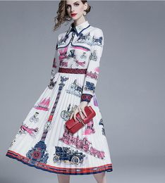 New listing carriage printed white women shirt dresses Pleated skirt summer A-line casual dresses Knee-length