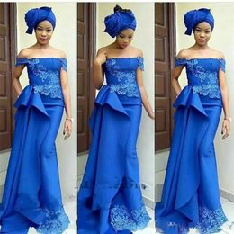 African Royal Blue Mermaid Evening Dresses Off Shoulder Lace Appliques Floor Lengthrobe de soiree Formal Dress Evening Gowns Party Dress