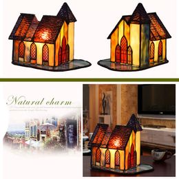 Free shiping Retro creative small house glass lamp Tiffany stained glass table lamp art bedroom bedside bar night lights TF041