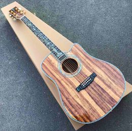 Custom Solid Koa Wood Classic Acoustic Guitar Life Tree Inlay Cutaway Body Abalone Binding with Pickup hardcase and MT Logo on Headstock