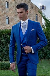 Royal Blue Groom Tuxedos Peak Lapel Groomsman Wedding Tuxedos Fashion Men Formal Business Prom Dinner 3 Piece Suit(Jacket+Pants+Tie+Vest)291